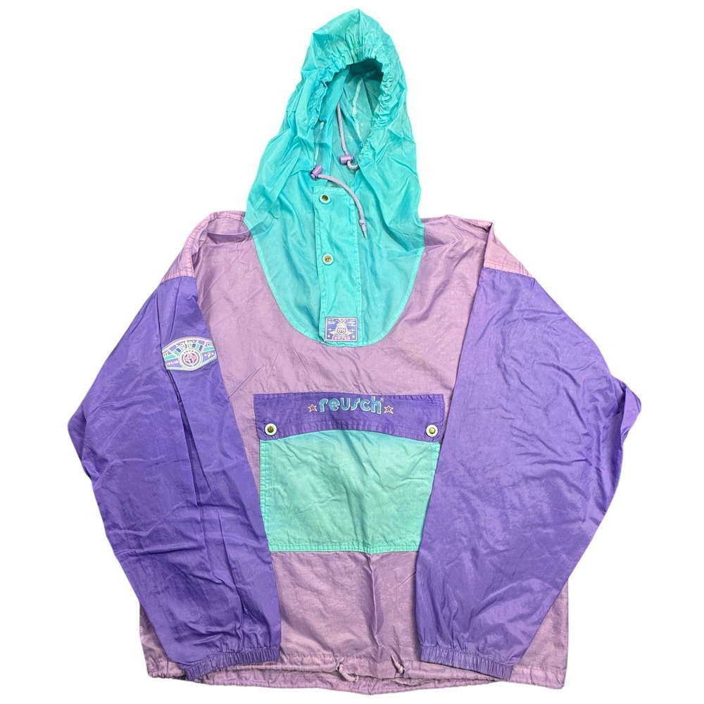 Reusch Windbreaker Anorak Womens XL Purple Teal Vintage 90s Pullover Hooded
